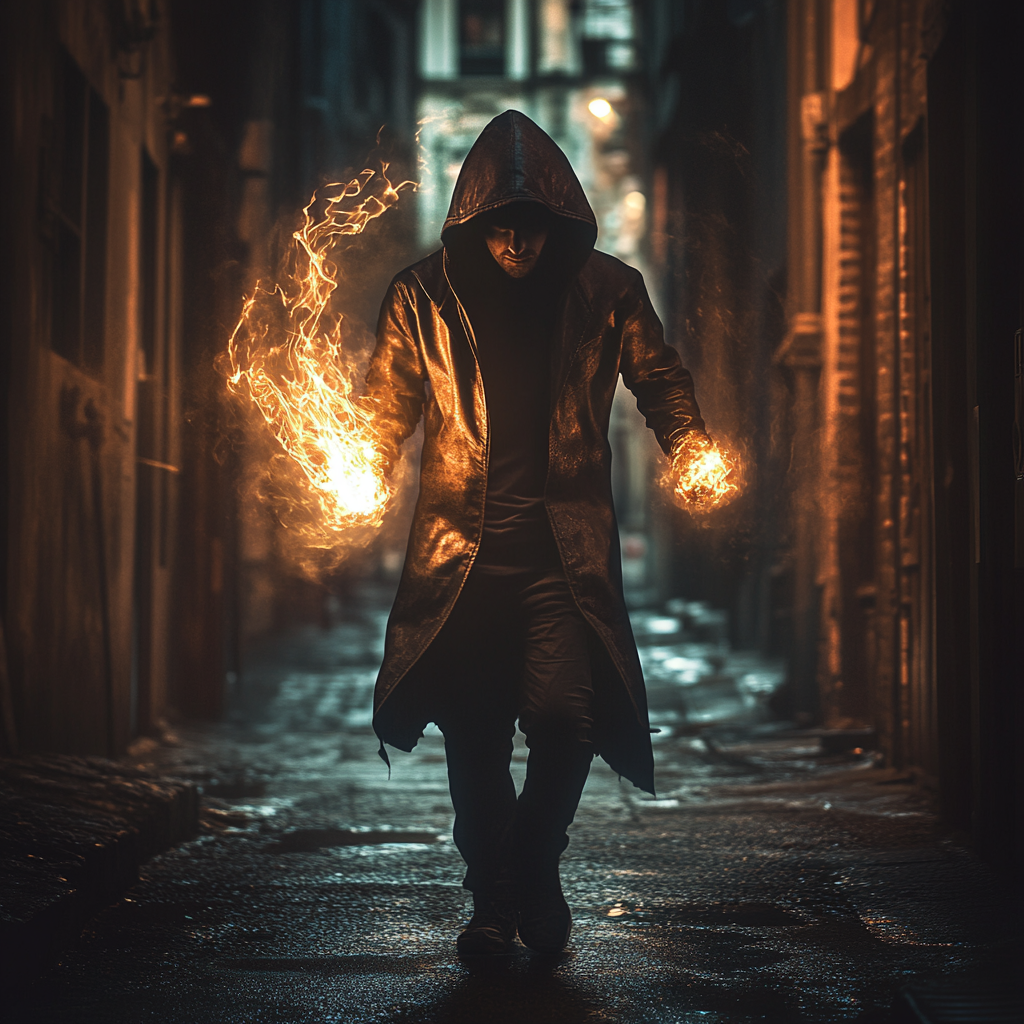 Homeless hero in dark alley, controlling fire and lightning.