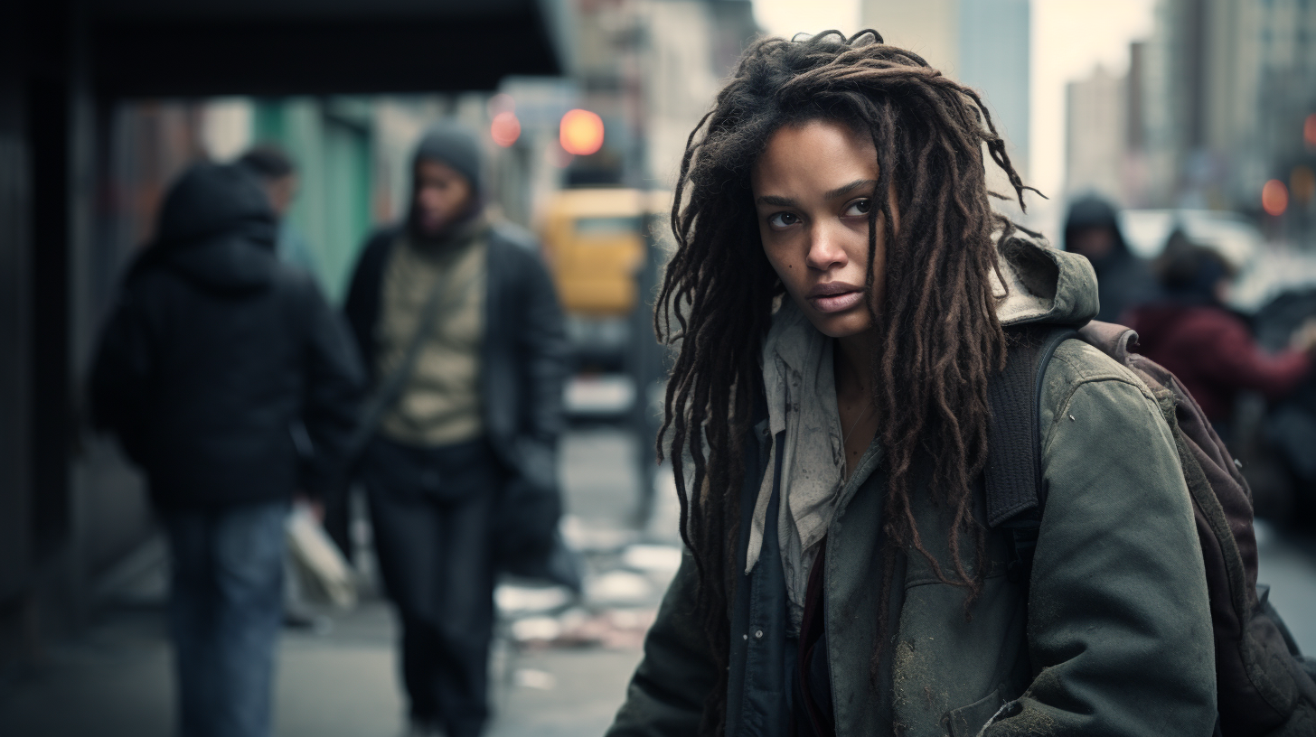 Homeless woman and white hobo in New York