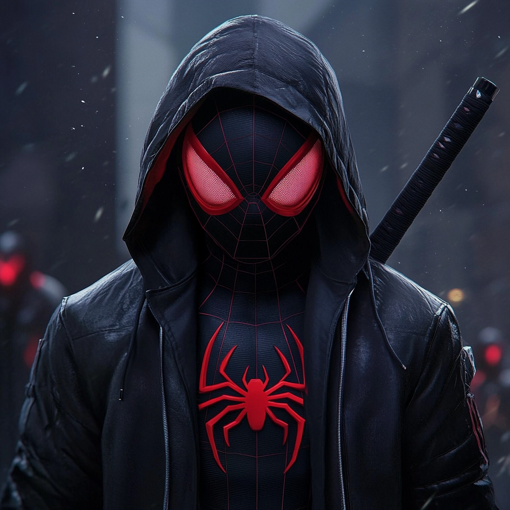 Homem-Aranha Miles Morales com casaco preto e katana.