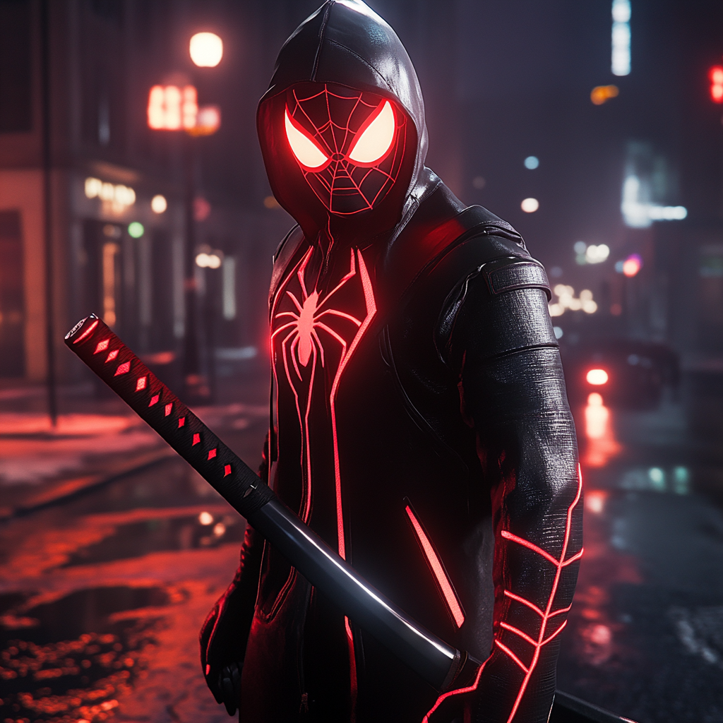 Homem-aranha Miles Morales, casaco preto, katana neon, chuva.