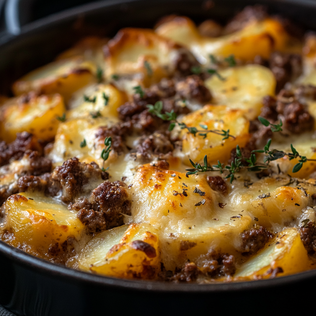 Homemade beef and potato casserole in rustic setting.