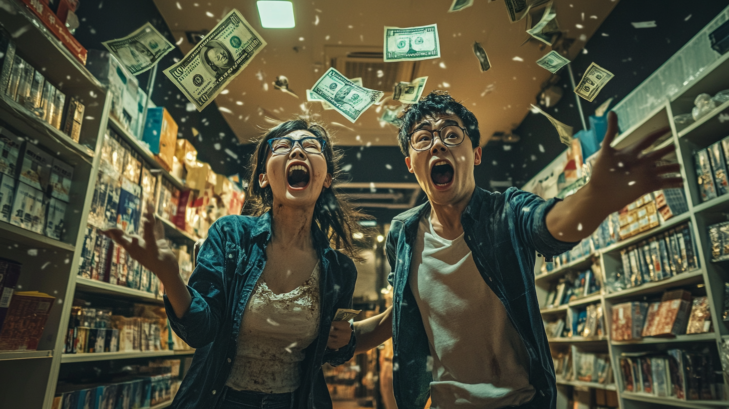 Hong Kong zombie couple arguing in bookstore with money.