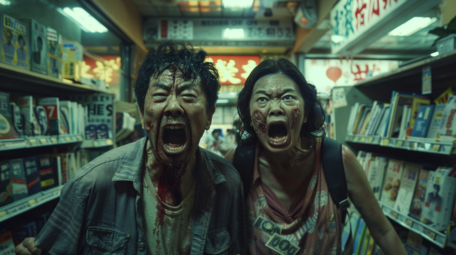 Hong Kong zombie couple arguing in dramatic bookstore scene.