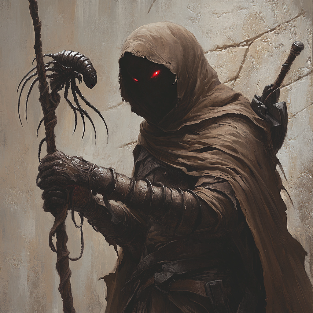 Hooded figure in brown armor holds iron staff weapon.