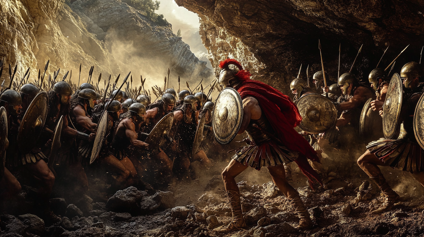 Hoplites holding off enemy force in narrow canyon.