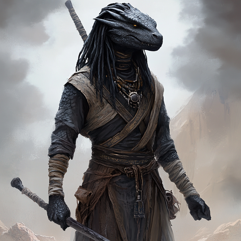 Horribly frightening fantasy black dragonborn undead warlock fighter.