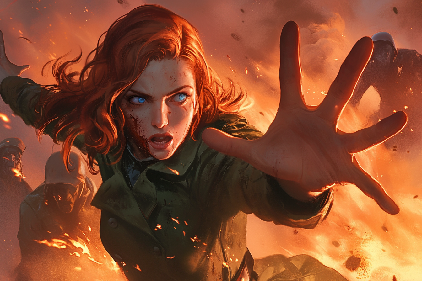 Horror art style woman in green coat shielded hand.