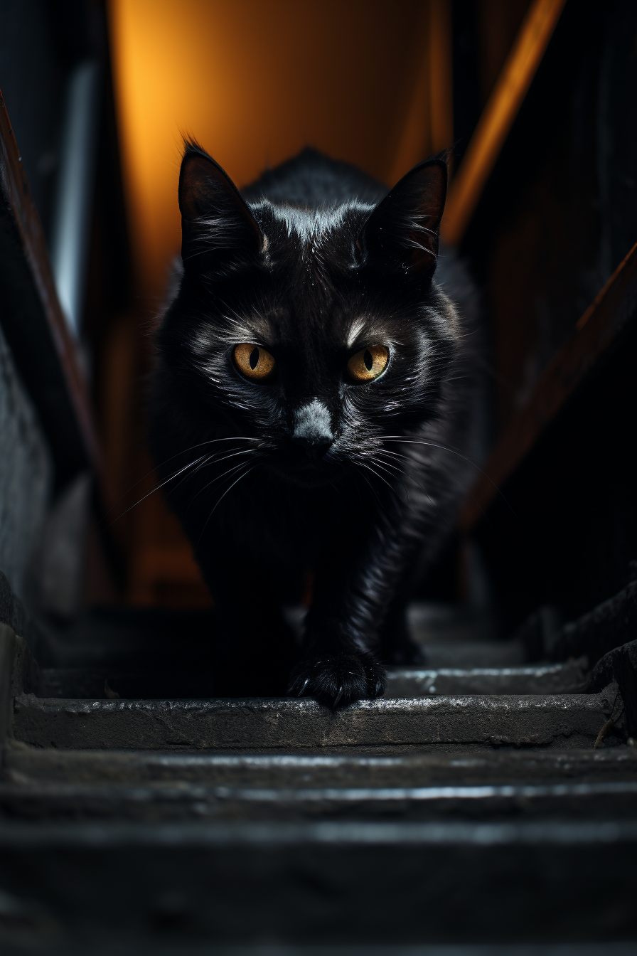 Horror film with evil black cat crawling stairs.