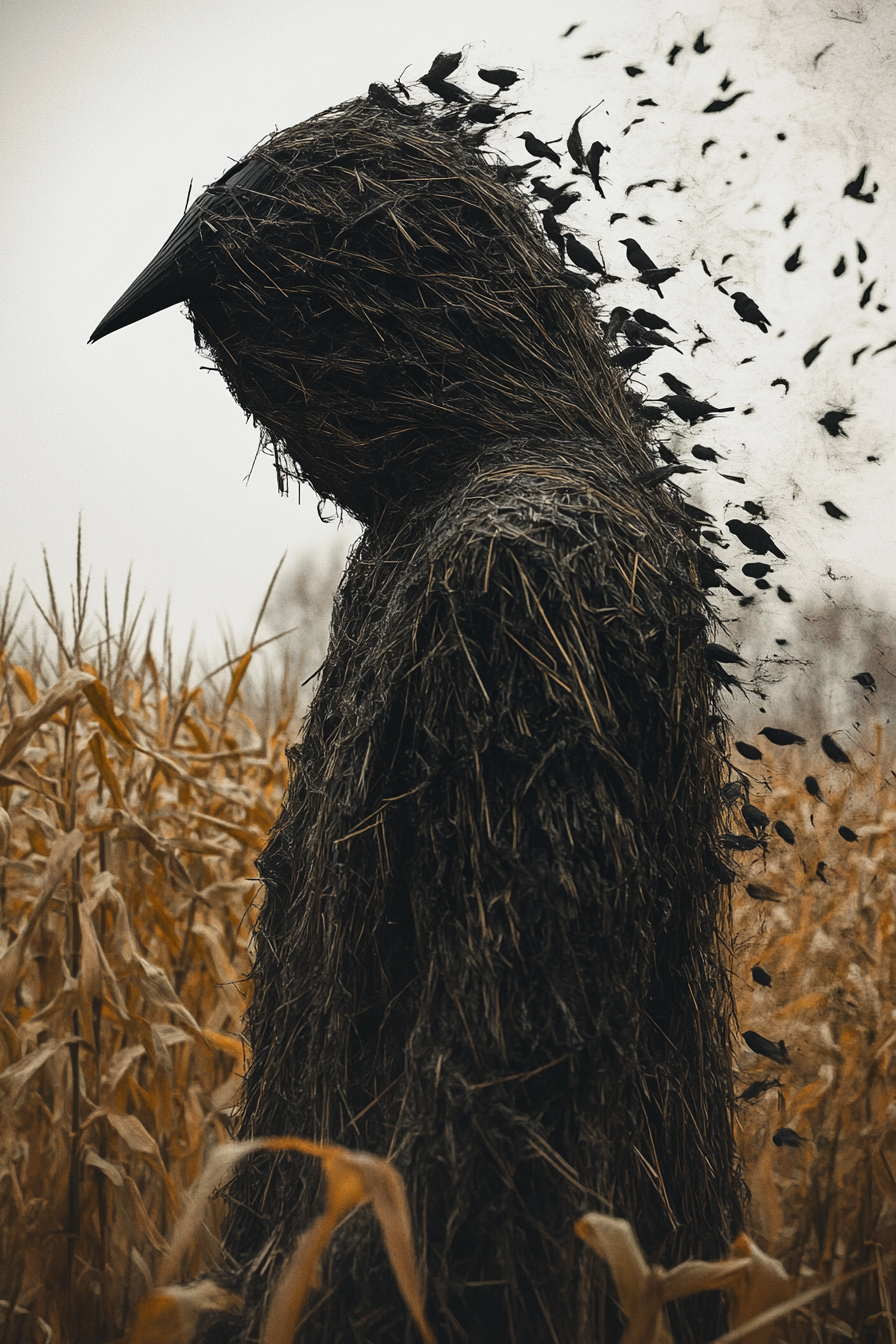 Horror movie style, side view, straw man, crows.