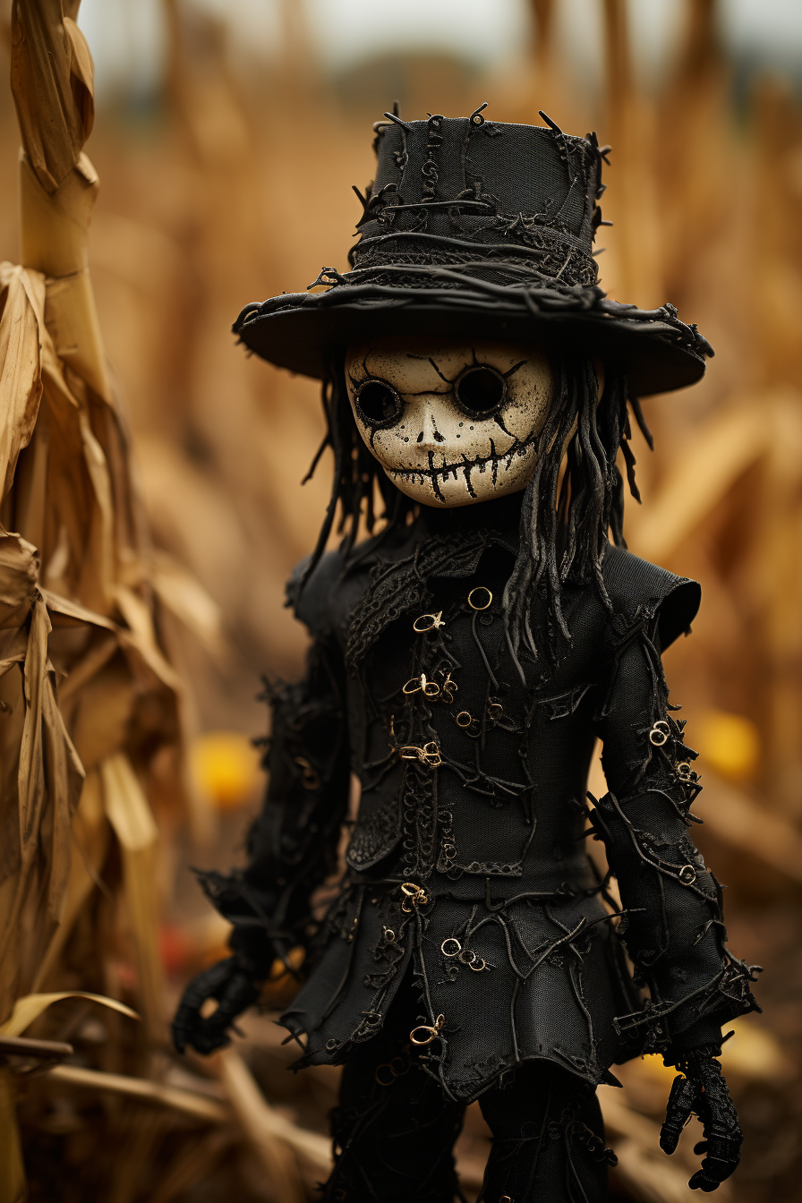 Horror movie style with realistic doll in field.