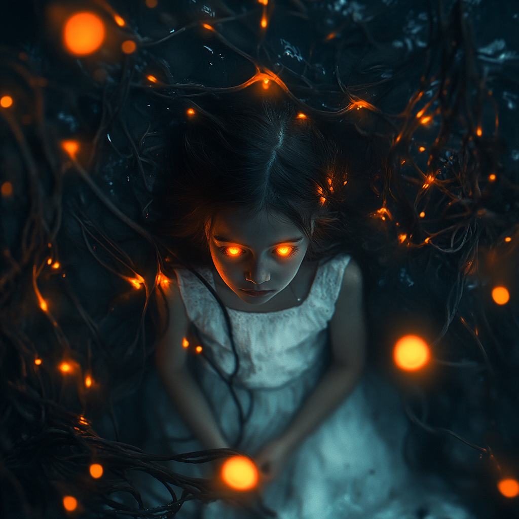 Horror scene with young girl surrounded by lights.