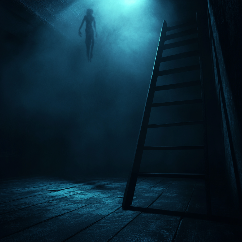 Horror style basement with wooden floor, ladder, figure.