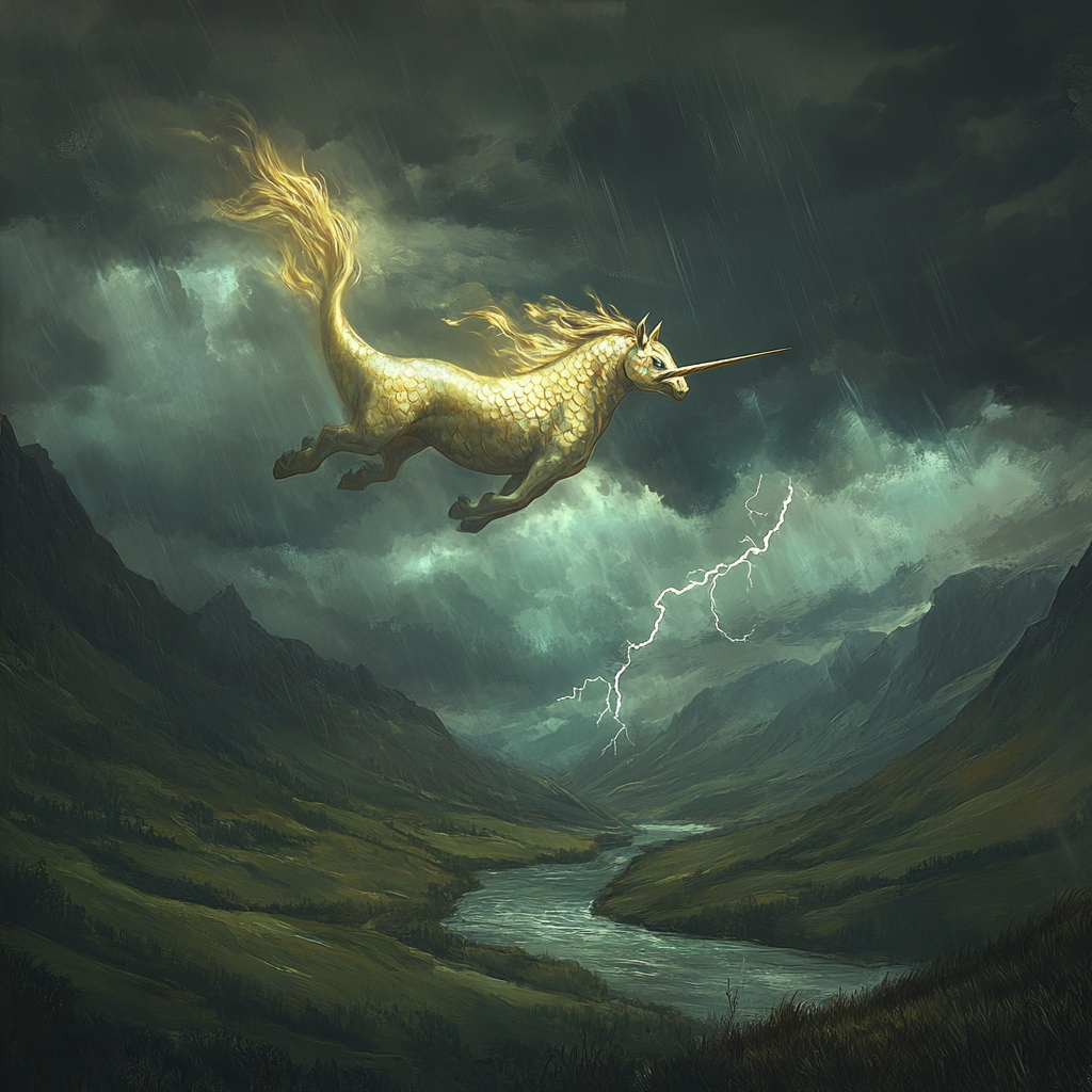 Horse-fish creature swims through stormy sky. Lightning illuminates.