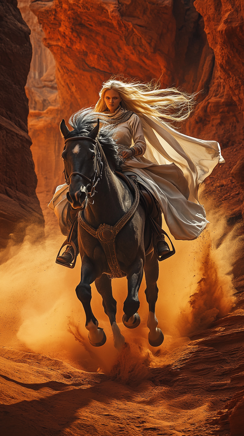 Horse galloping in canyon with woman in cloak.