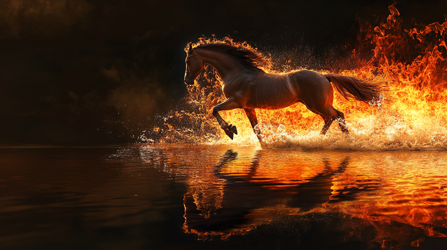 Horse galloping on water with dancing flames background - intense.