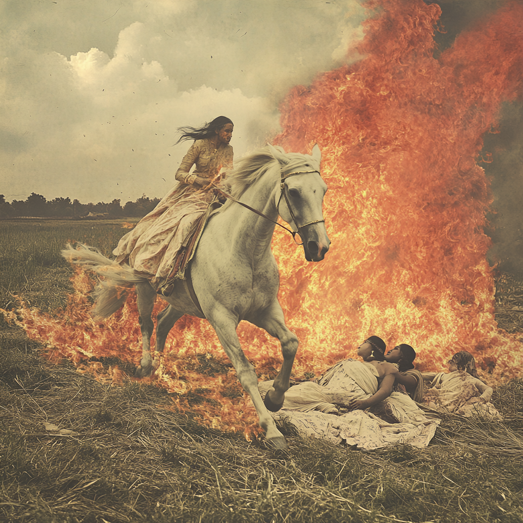 Horse on fire running through battlefield. Sikh women children.