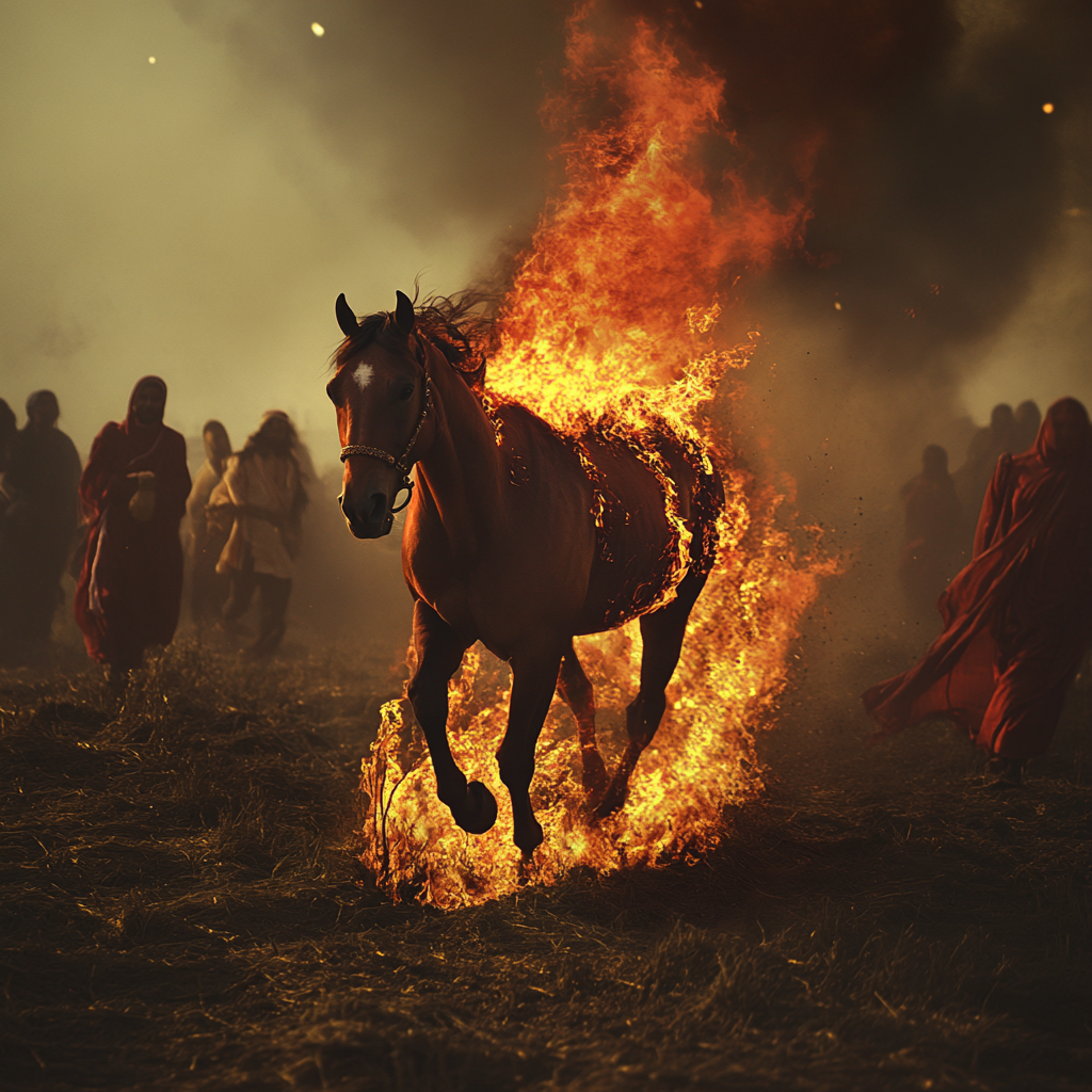 Horse on fire runs through burning field, Sikh women.