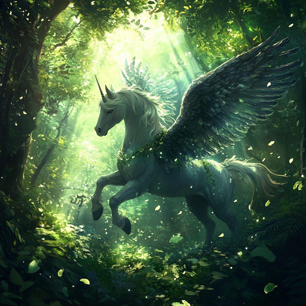 Horse with eagle head and big wings in forest.