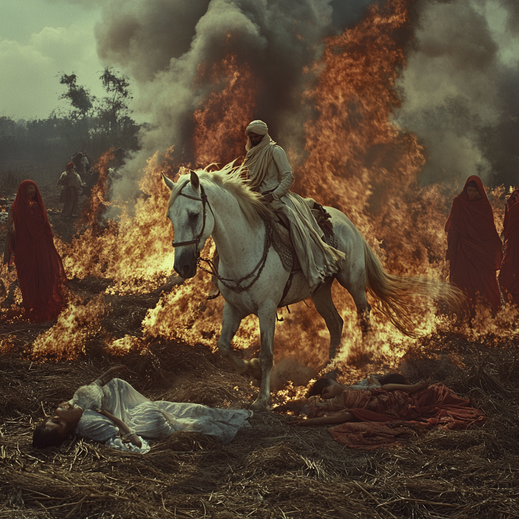 Horse with flames, running in Punjab battlefield, women down.