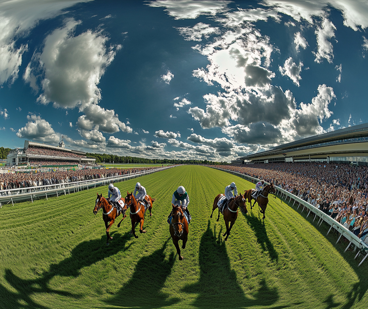 Horses racing on grass track in London.