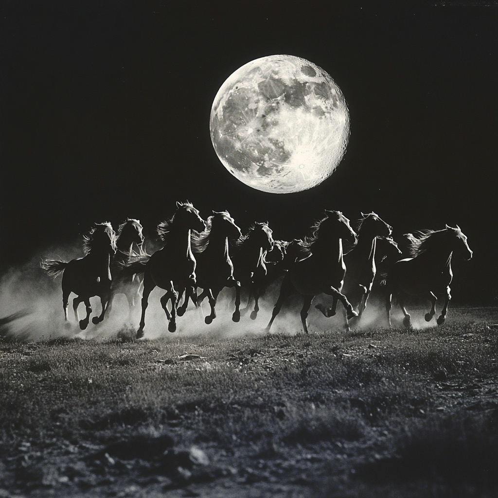 Horses running on moon, with atomic explosion in background