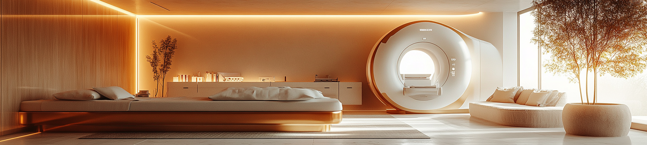 Hospital room with MRI machine, minimalist elegant design.