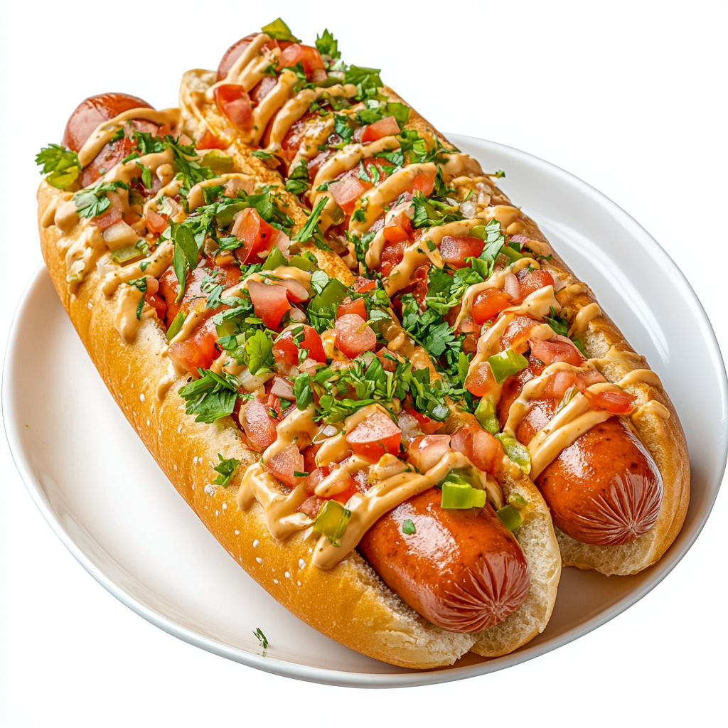 Hotdog on white plate with garnish, high resolution.