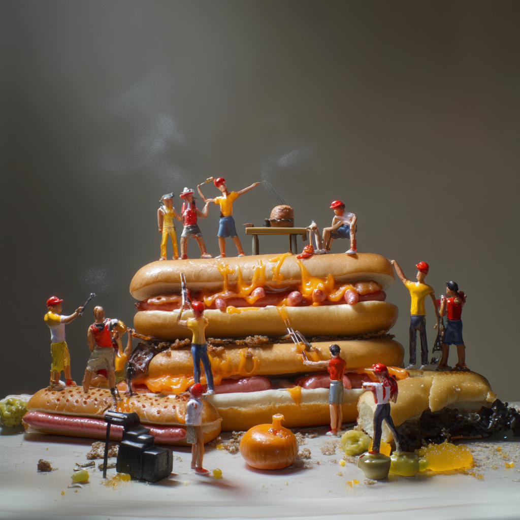 Hotdog people arranging objects in strange diorama scene