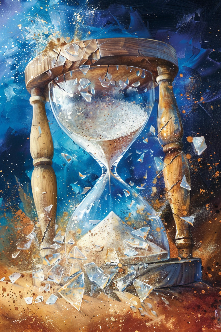 Hourglass breaking, sand spilling, new one forming. Time heals.