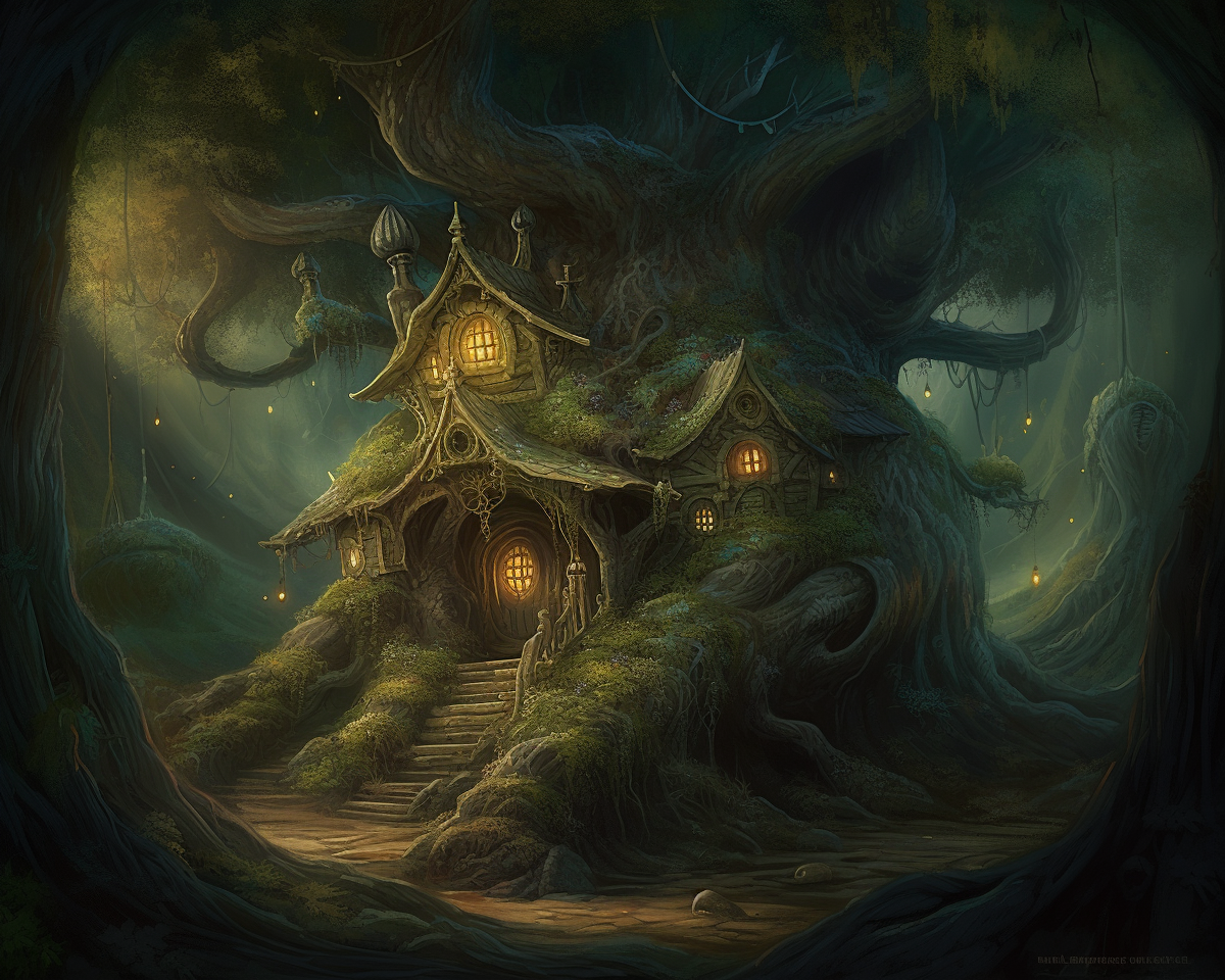 House in tree, fantasy lair for troll, hobbit.