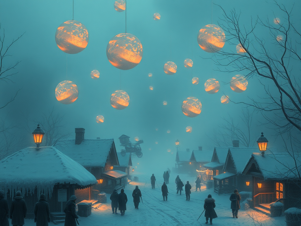 Hovering flesh globes light sweltering frozen town, air mouldering.