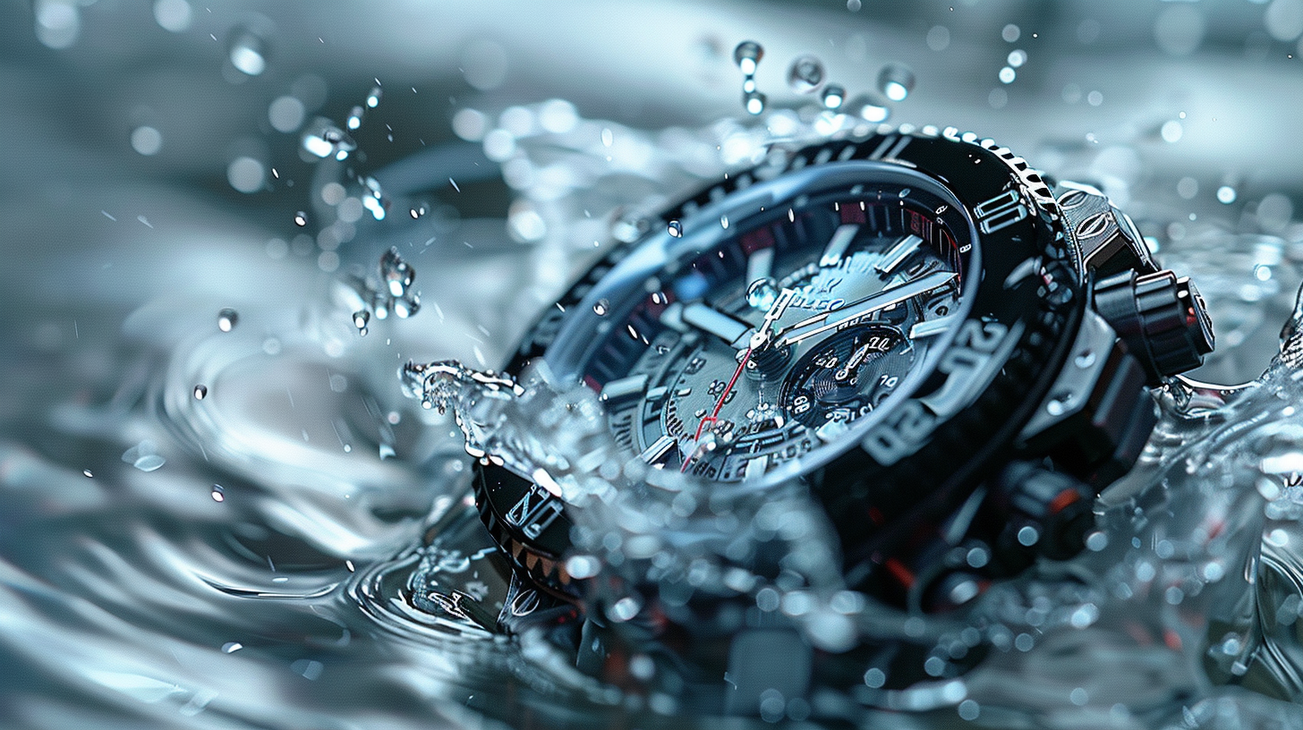 Hublot-style luxury watch dissolving into water droplets.