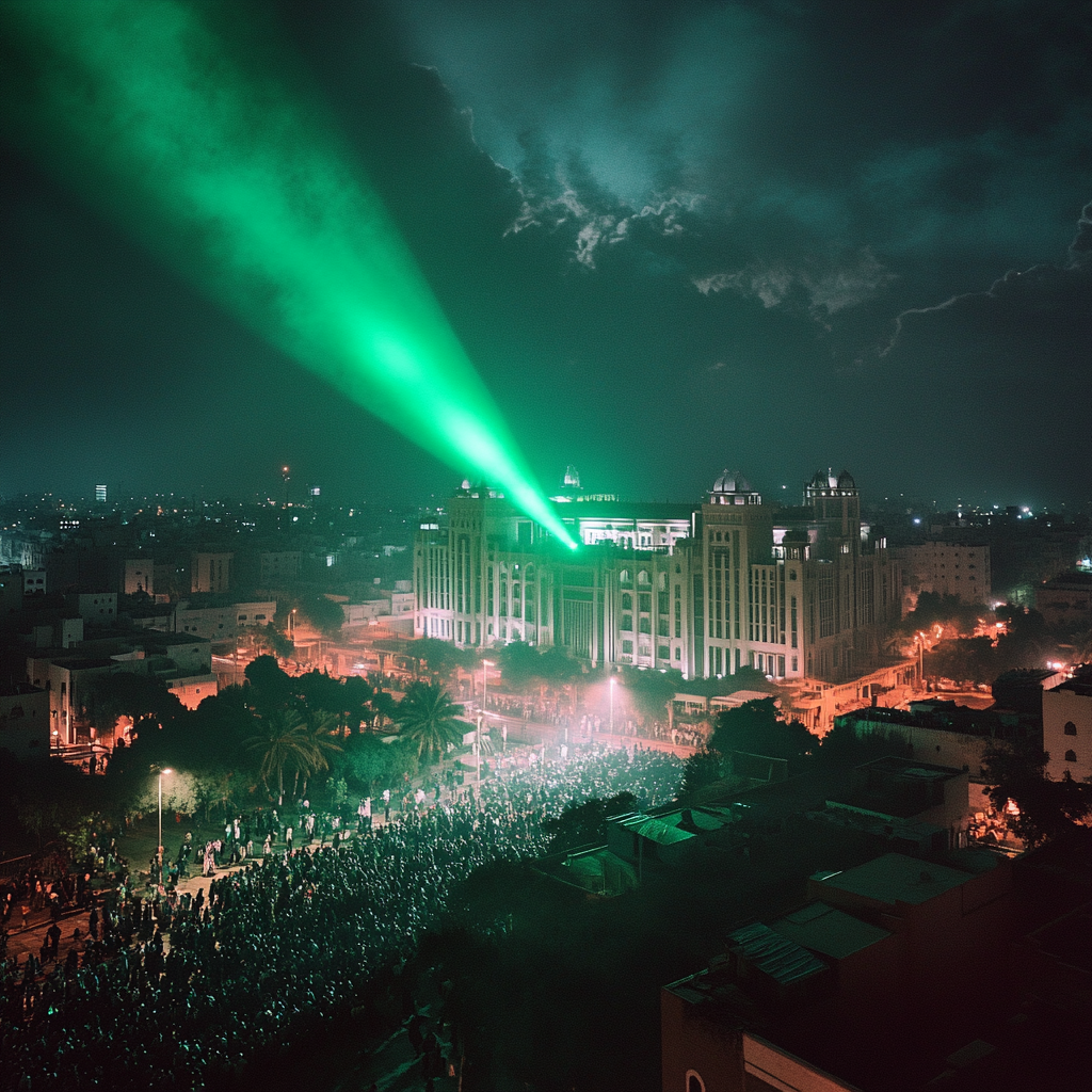 Huge Neon Green Spotlight Illuminating Historical Jeddah albalad 