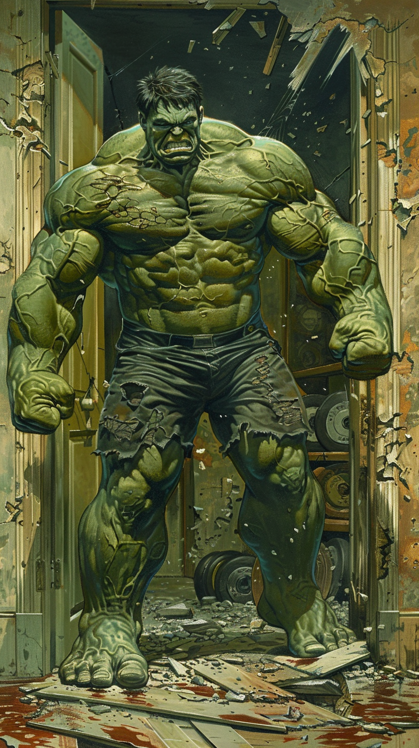 Hulk in Shattered Doorway, Lifting Weights Intensely