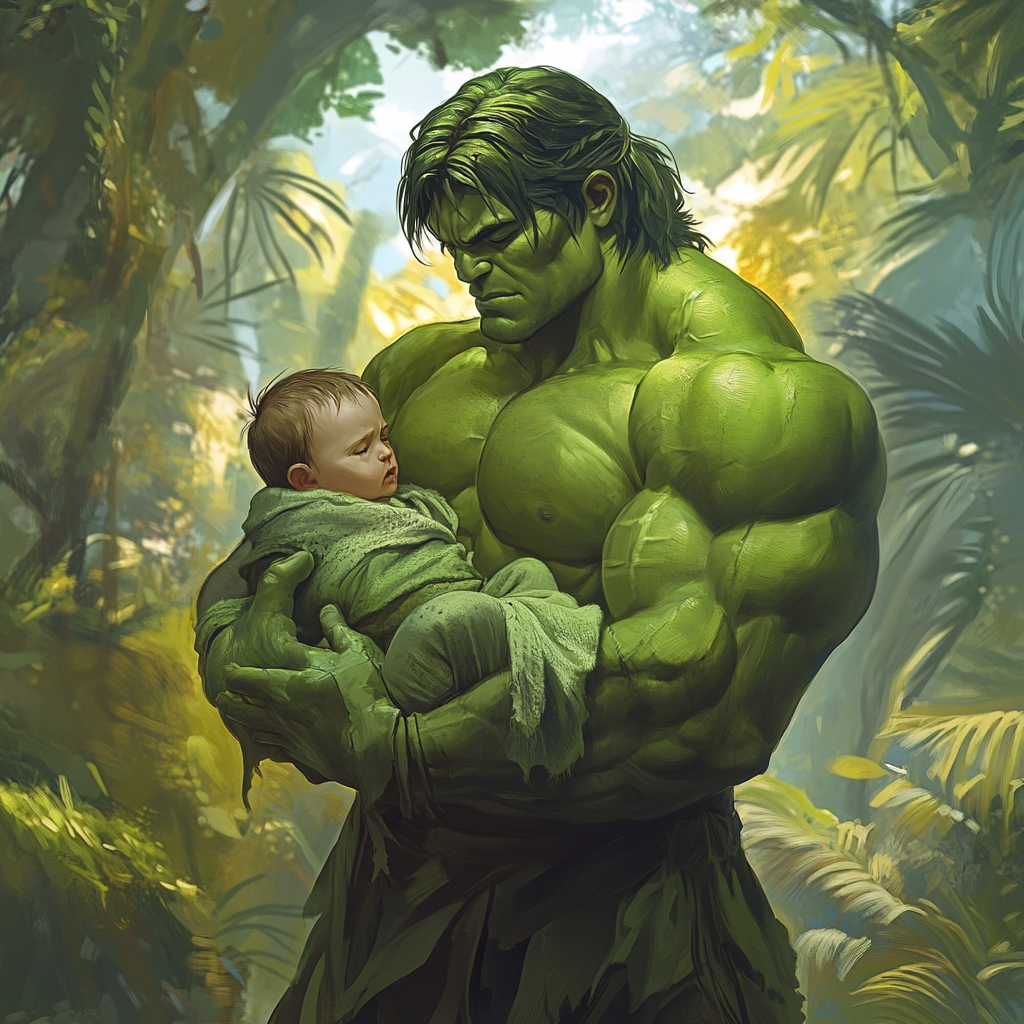 Hulk-like female holding baby in tranquil jungle setting.