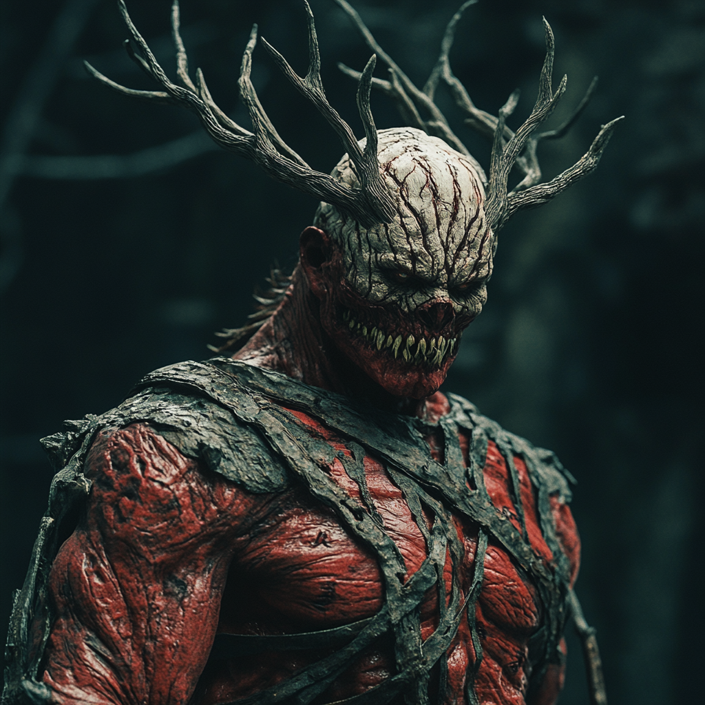 Hulking inhuman warlock with antlers in dark fantasy