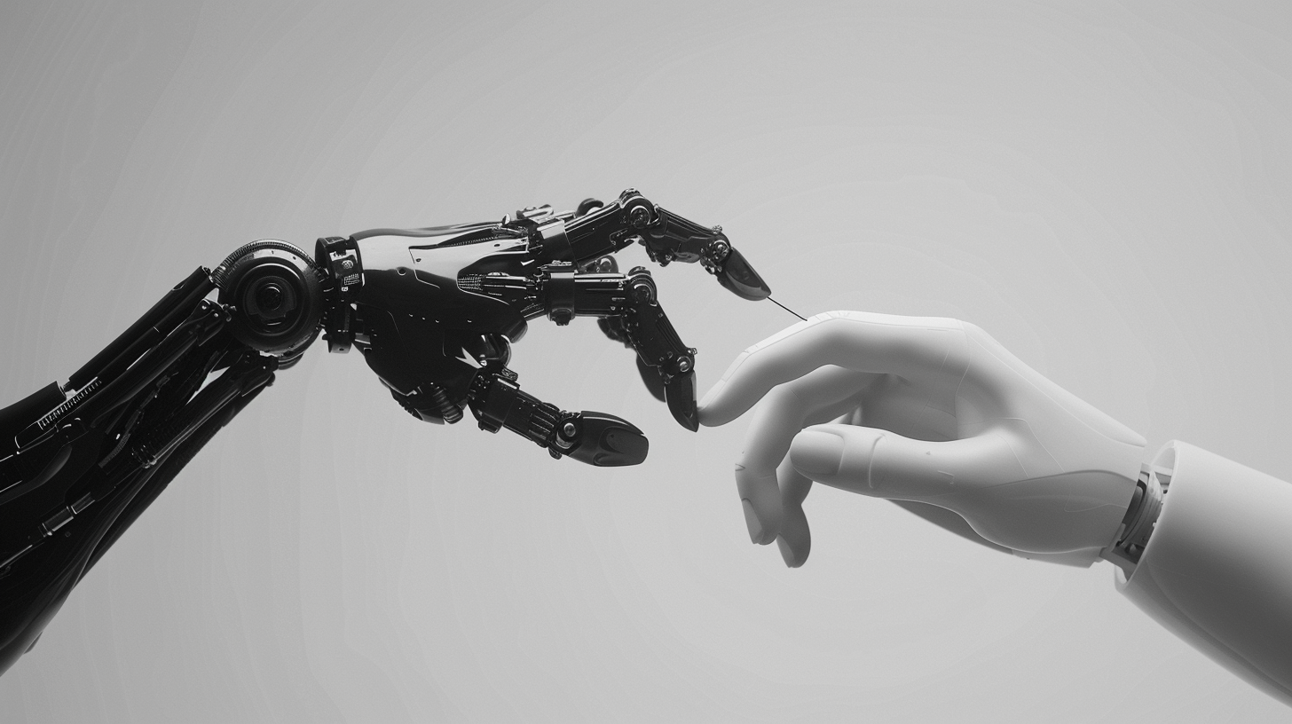 Human and robot hands touching, connection symbolized