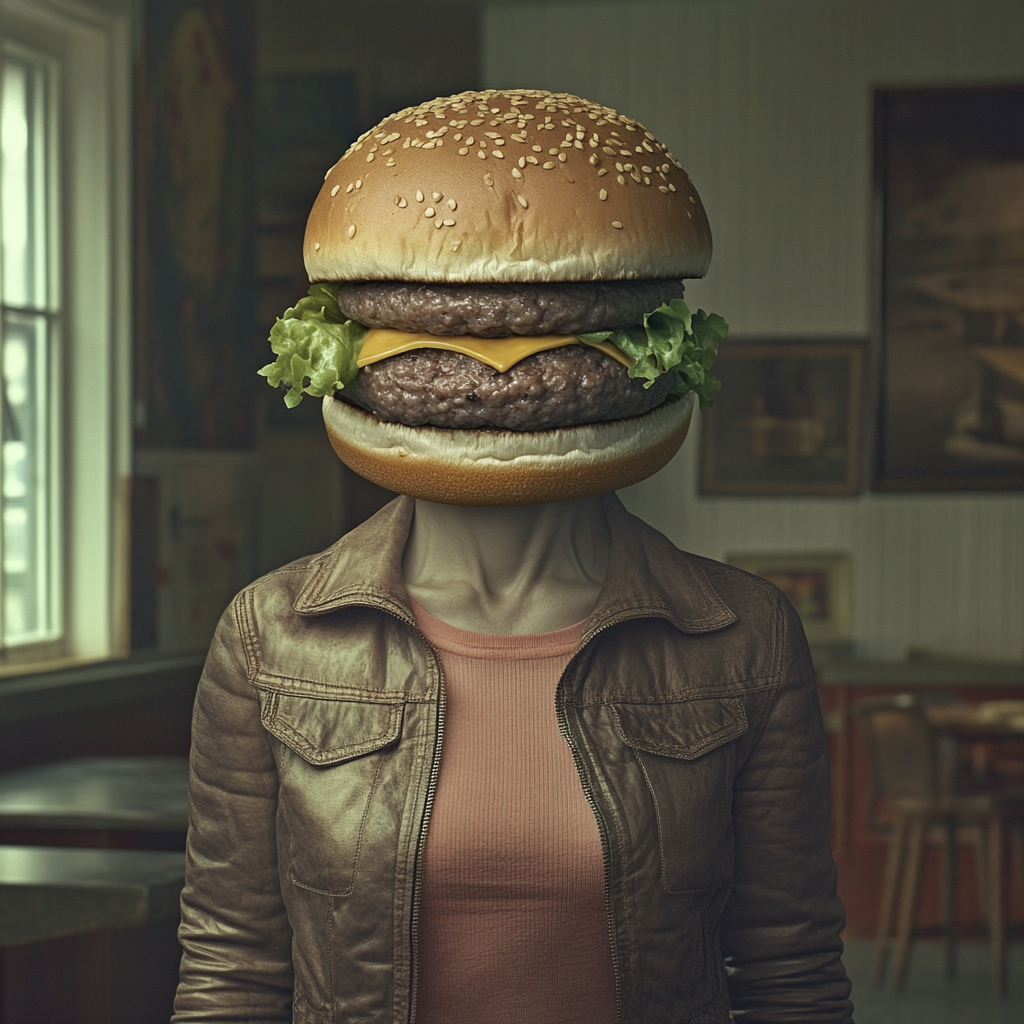 Human body with hamburger head, face integrated. Surreal scene.