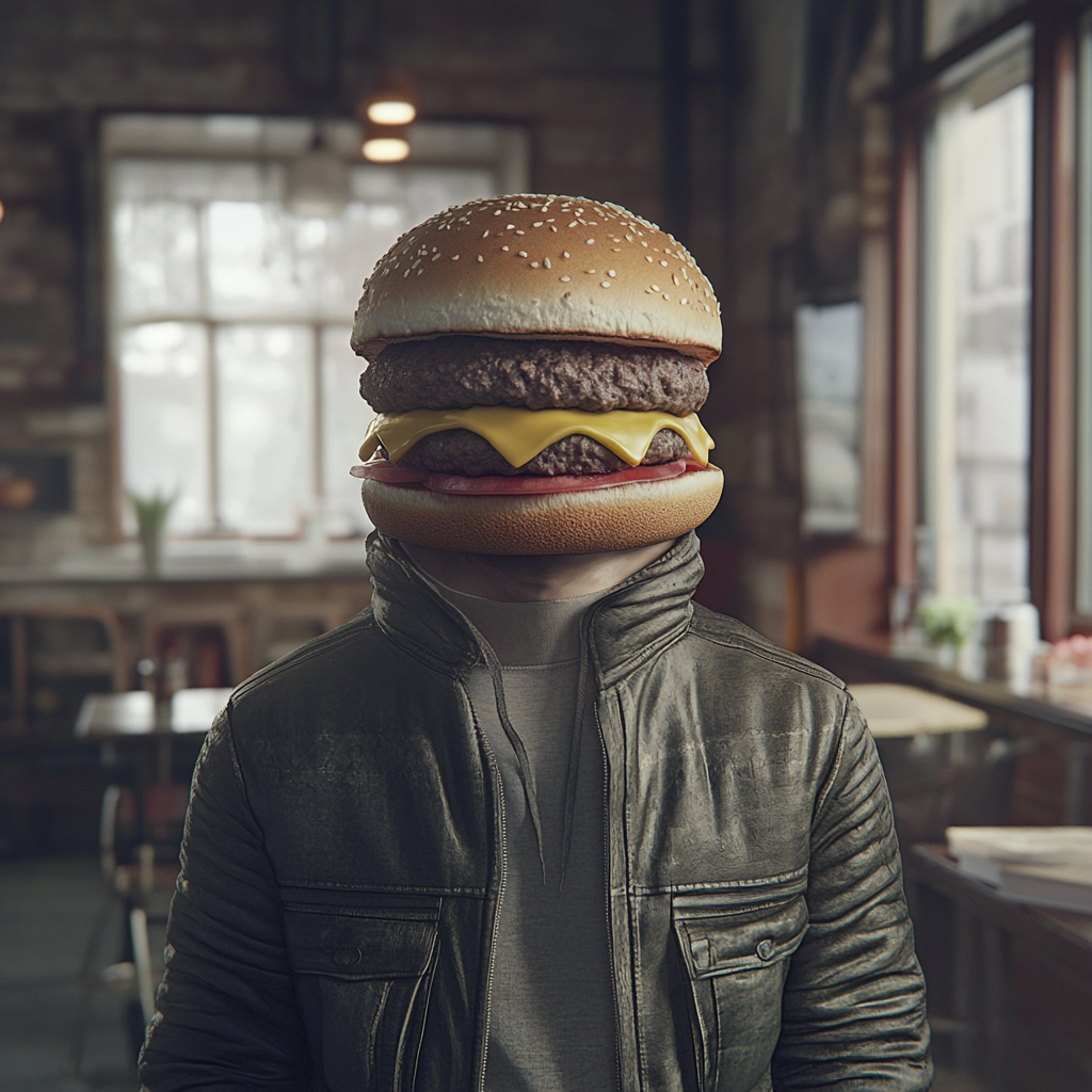 Human body with hamburger head blends seamlessly together visually.