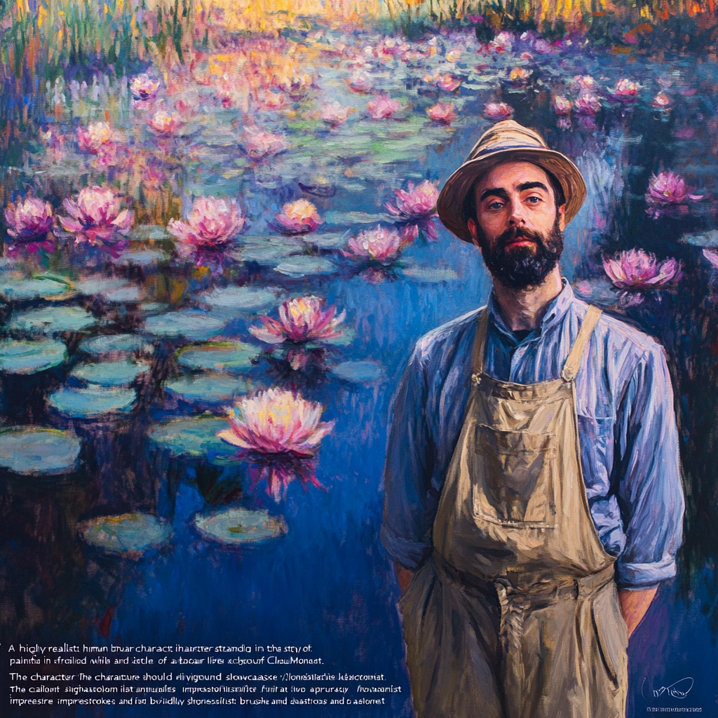 Human character in Monet style background, serene reflection.