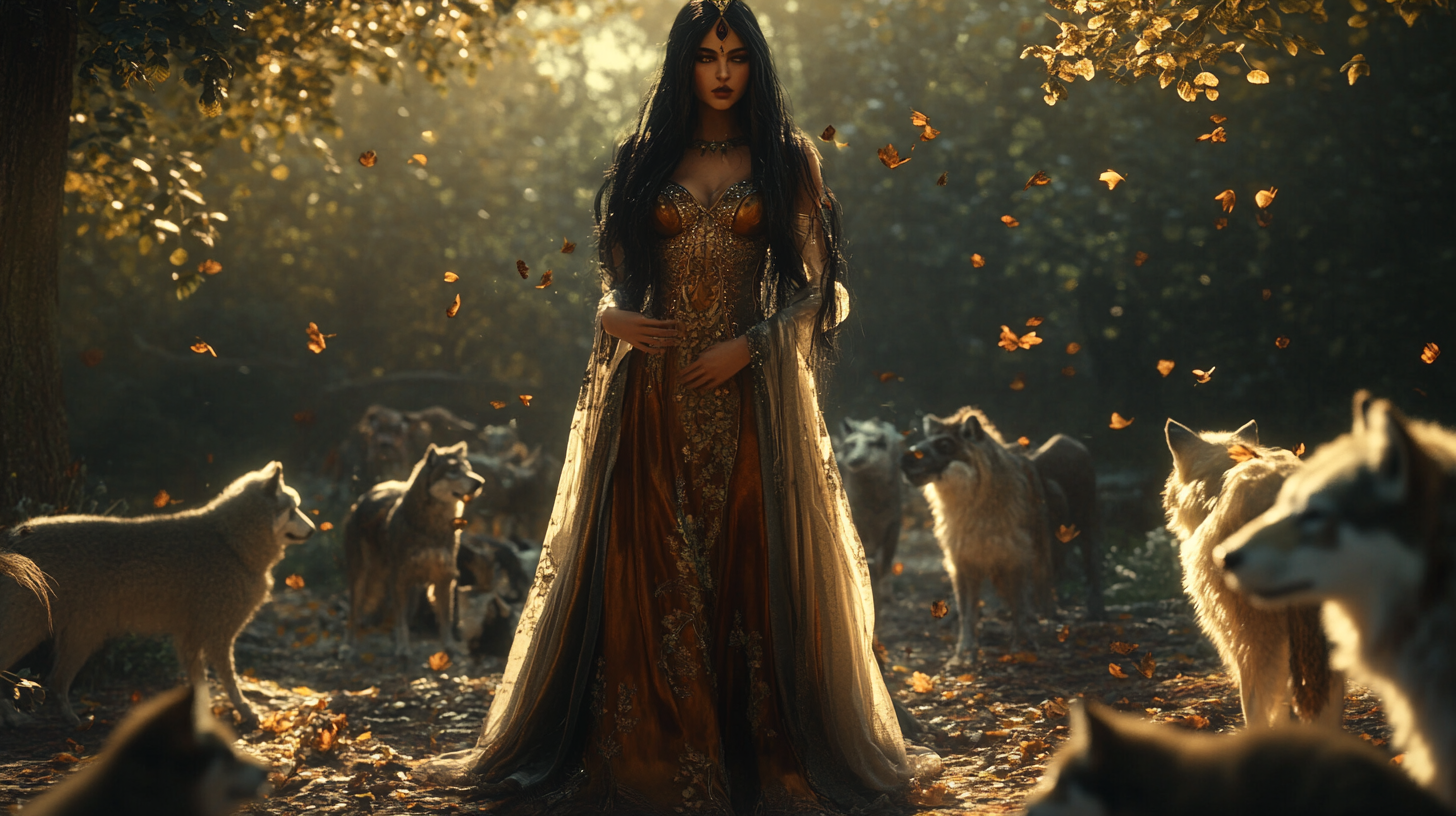 Human druid princess in forest ballgown with animals.