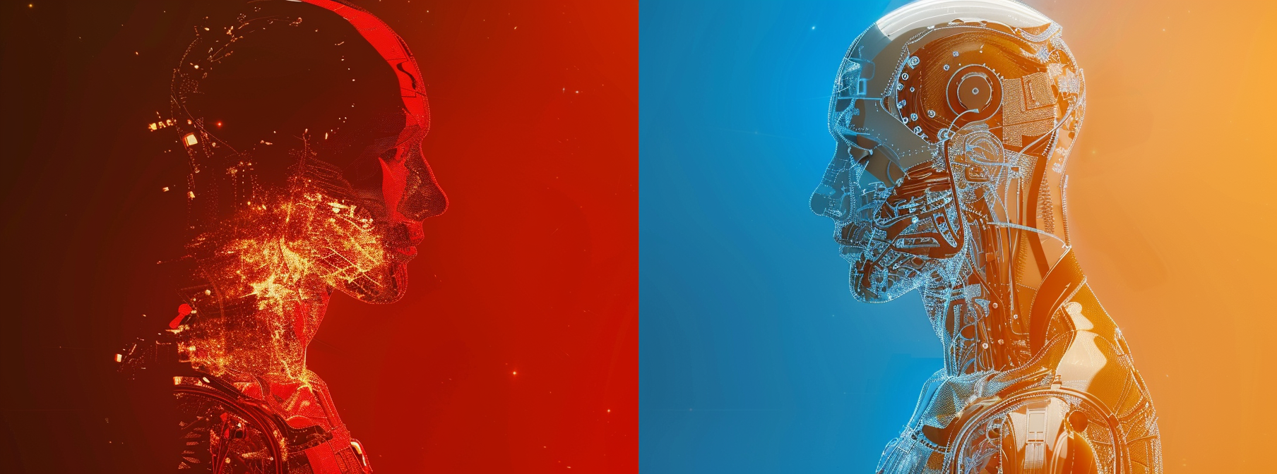 Human energy form and robot, red and blue background.