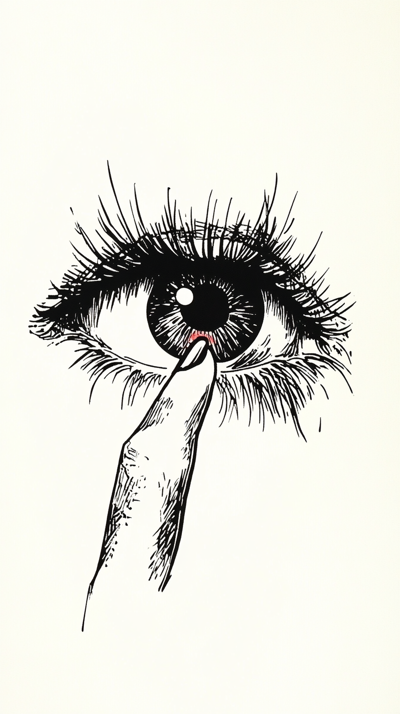 Human eye drawing with long lashes poked by finger.