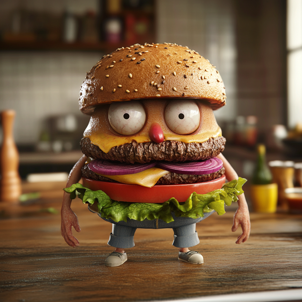 Human face on burger with body in clothes.