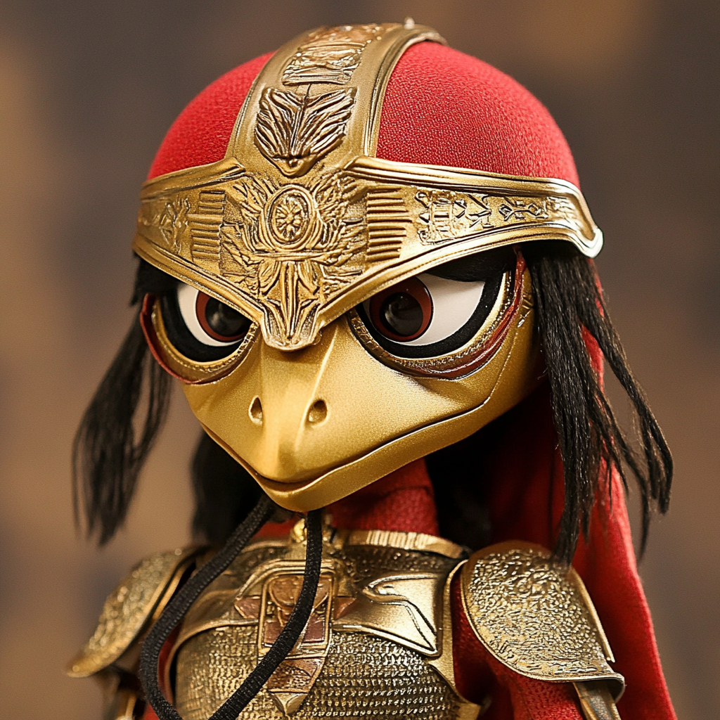 Human muppet puppet of Lady Sparta in red armor.