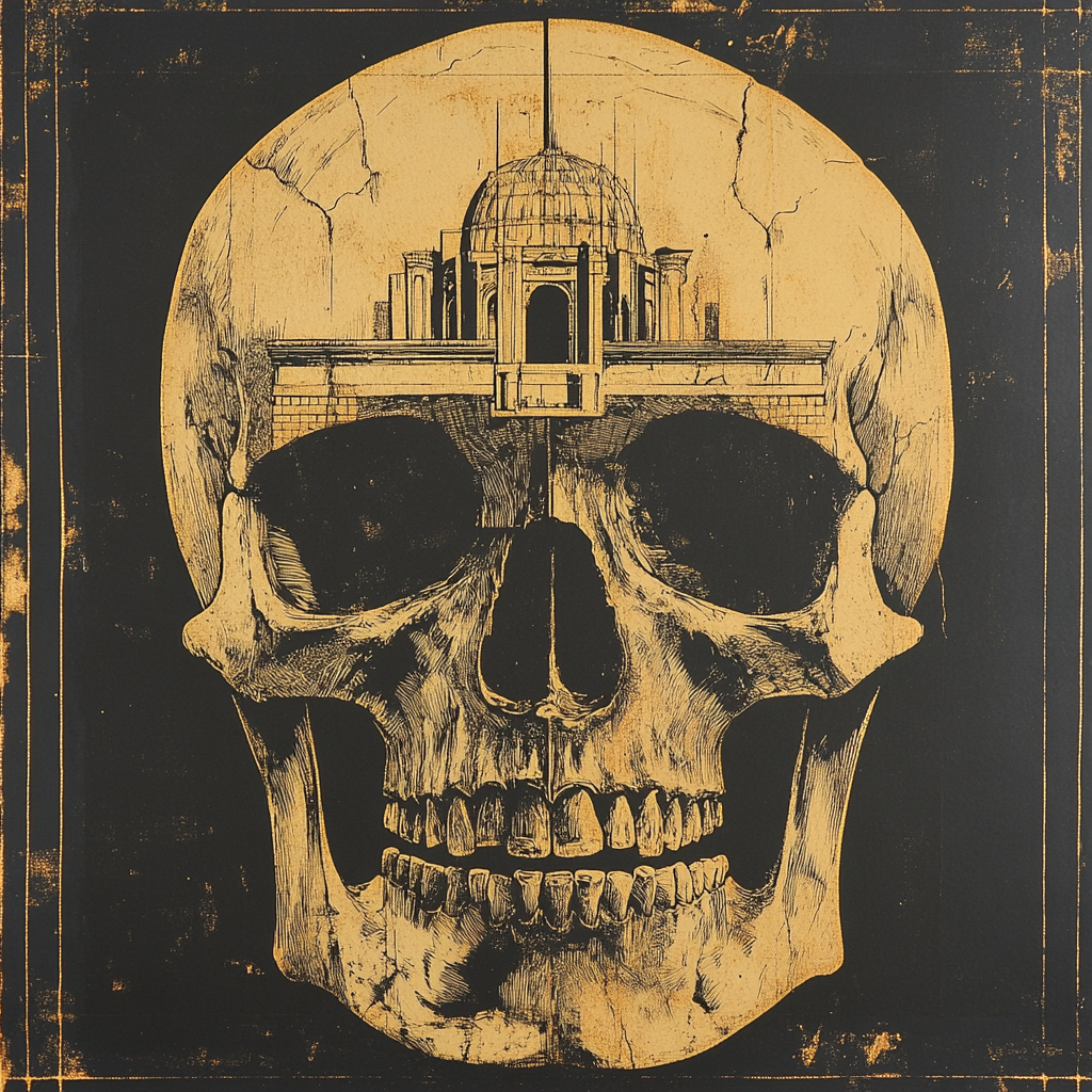 Human skull with architectural elements, monocromatic linocut print style.