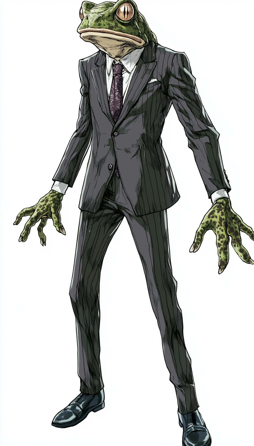 Human with toad head in suit, striking anime pose.