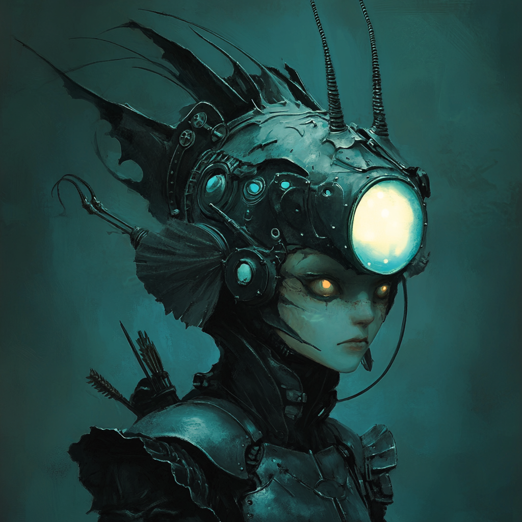 Humanoid anglerfish warrior with bioluminescent lure and crossbow