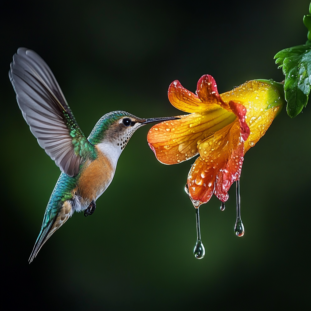 Hummingbird drinks water from flower puddle after rain.