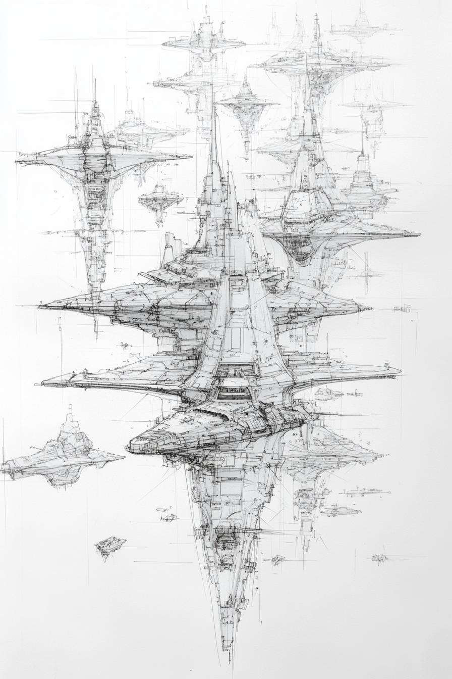 Hundreds of war spacecrafts in rough sketch drawing.